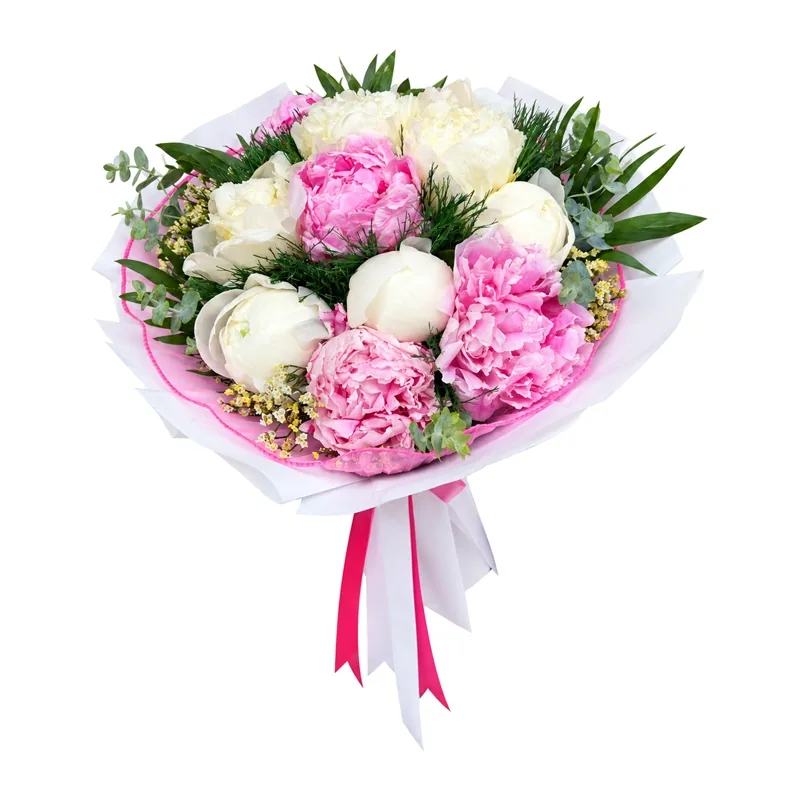 Beyaz ve Pembe Şakayık Yeşillikli Buket