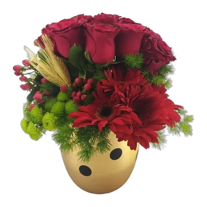 Gold Saksıda Kırmızı Güller ve Kırmızı Gerbera Aranjmanı