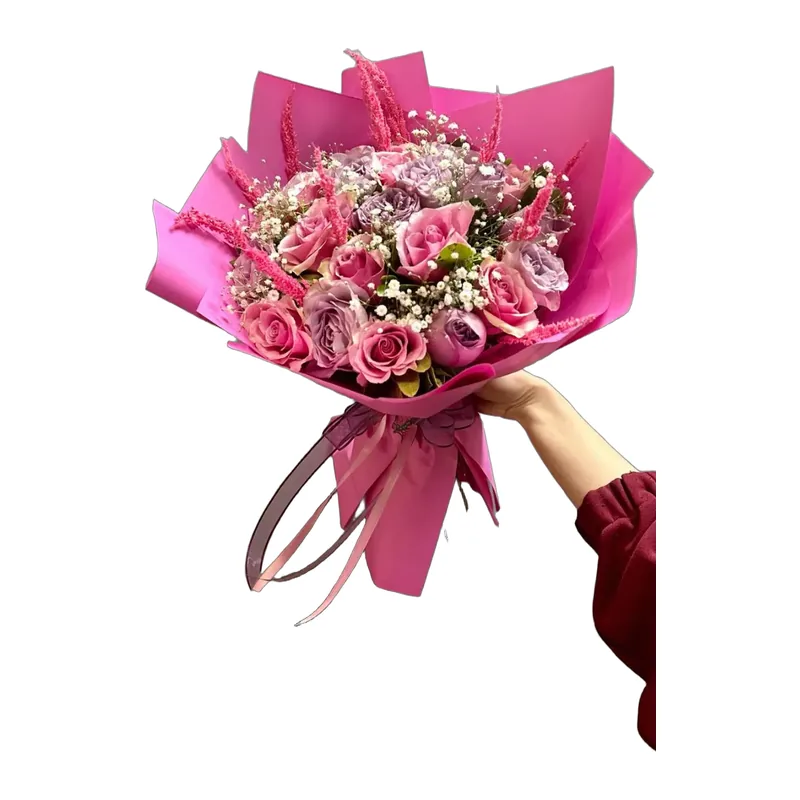 12 Pembe 12 Mor Gül ve Cipso Buketi – 1. fotoğraf