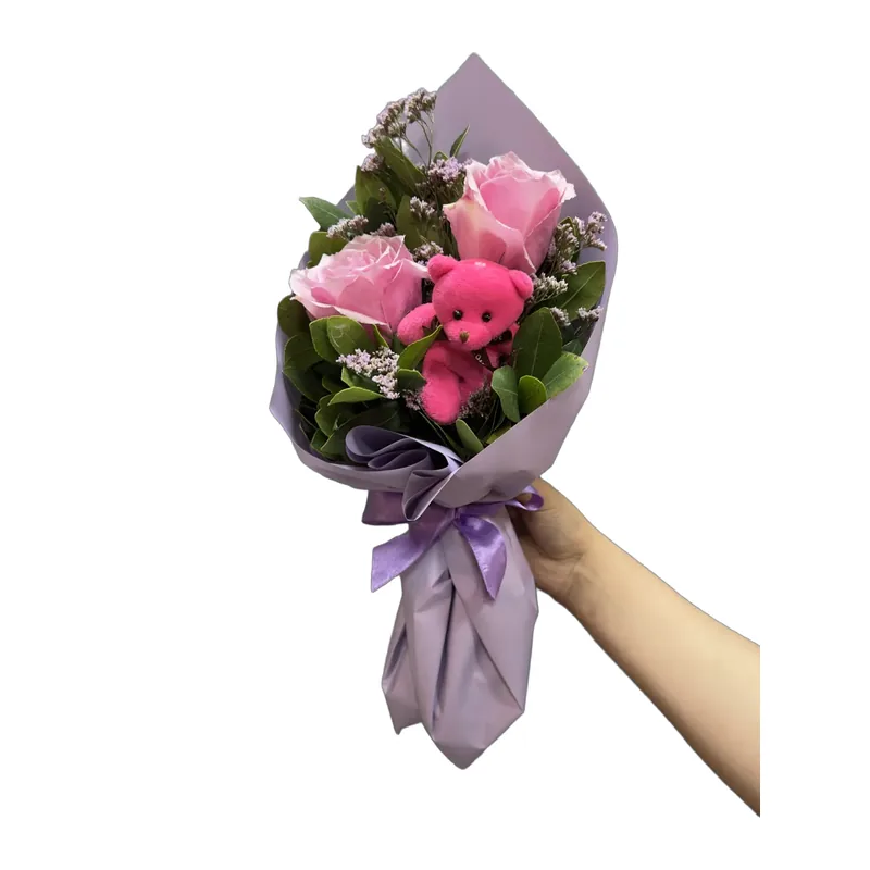 Pembe Güller ve Fuşya Peluş Ayıcık Buketi