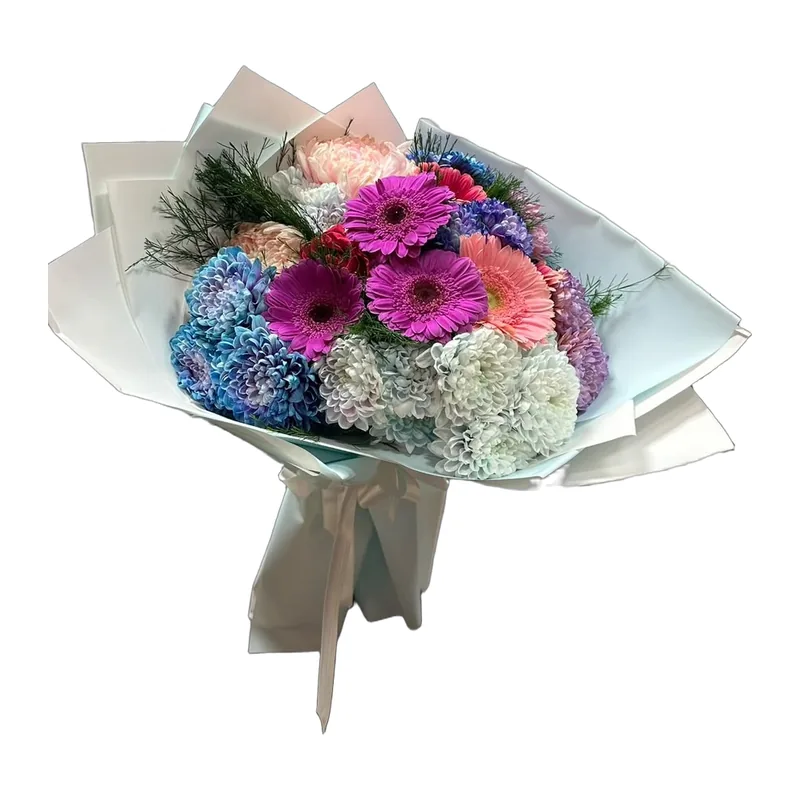 Fuşya Gerbera ve Mavi Papatya Buketi – 1. fotoğraf
