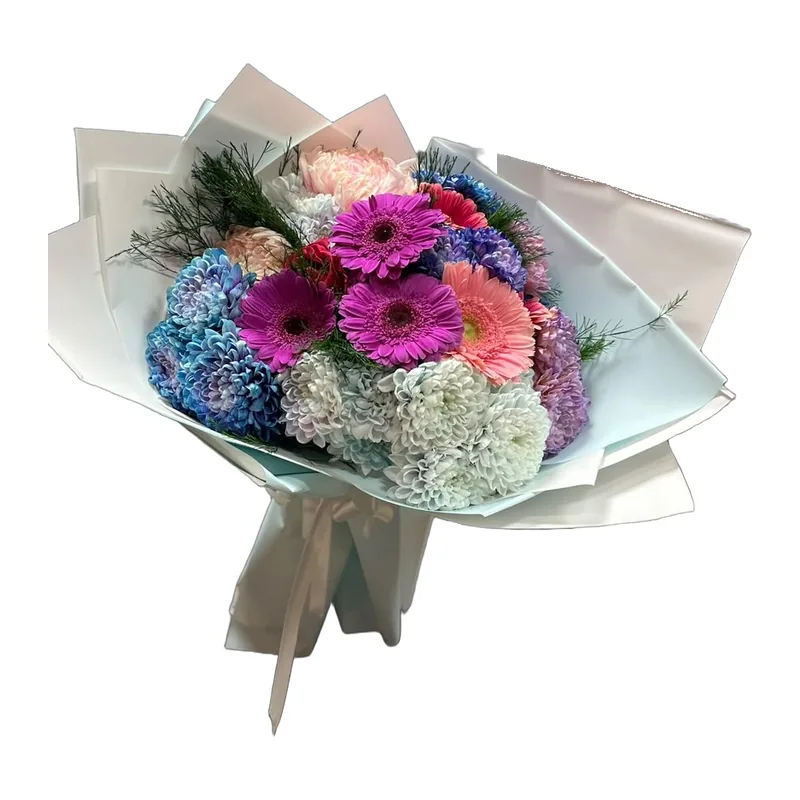 Fuşya Gerbera ve Mavi Papatya Buketi – 2. fotoğraf
